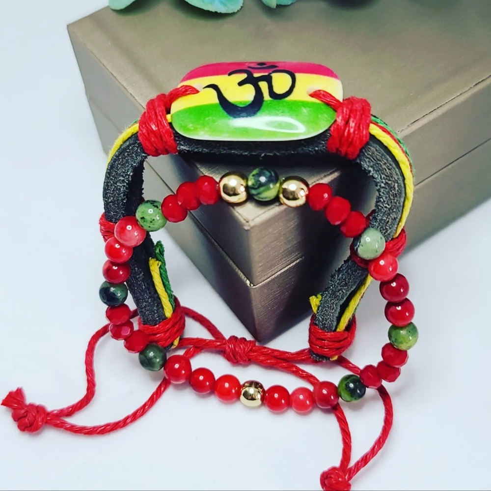 Set of 3 Bracelets, Red Wood, jade